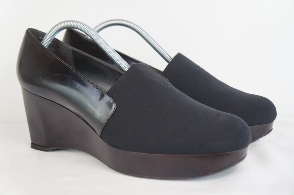 Stuart Weitzman Walker Black Micro Stretch Slip On Wedge Platform Shoes Size 11